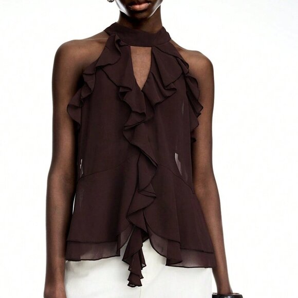 Coffee Brown Casual Women's Ruffle Chiffon Halter Top With Tie – Boho Style - Picture 1 of 7